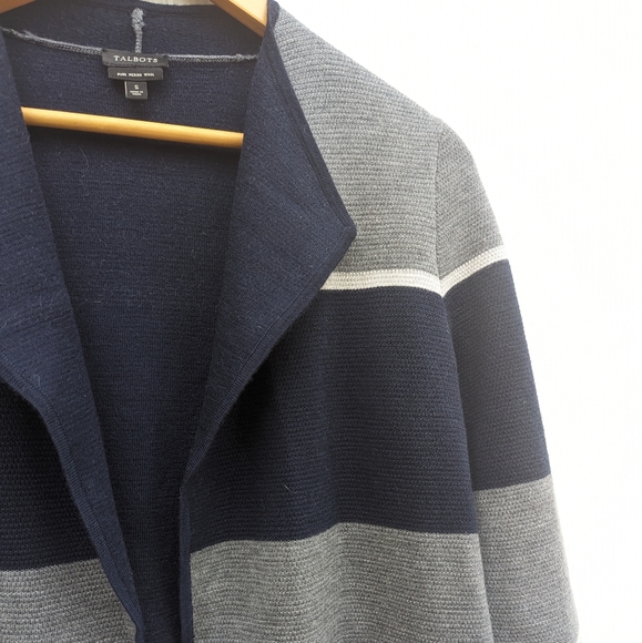 TALBOTS pure merino wool navy gray colorblock open front long cardigan coatigan - Picture 3 of 8